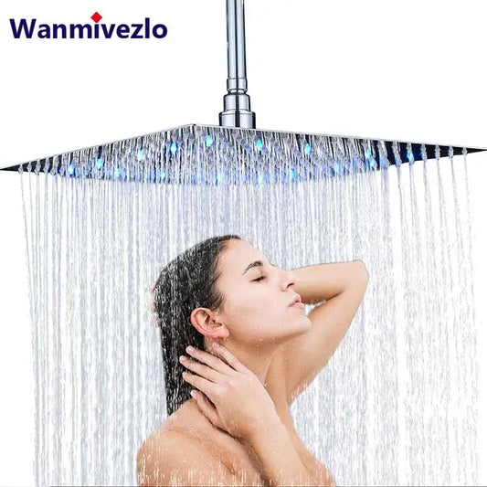 LED Light Bathroom Shower Head 16 inch Big Rainfall Shower Faucets Accessory Top Square Brass Ultra - thin Shower Head - Blu Lotus Boutique