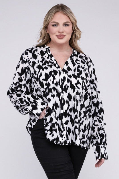 Leopard Notched Neckline Blouse - Blu Lotus Boutique