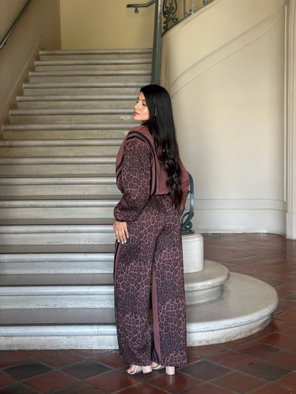 Leopard Print & Solid Stripes Contrast Loungewear - Blu Lotus Boutique