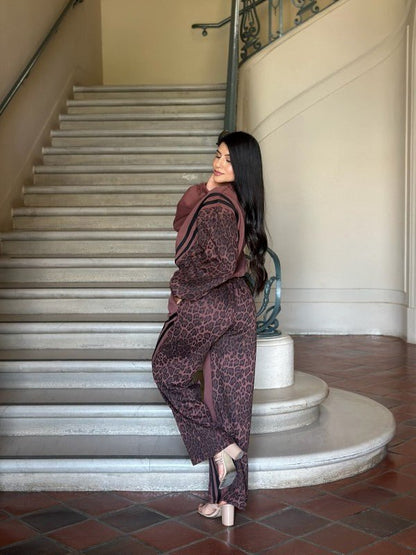 Leopard Print & Solid Stripes Contrast Loungewear - Blu Lotus Boutique