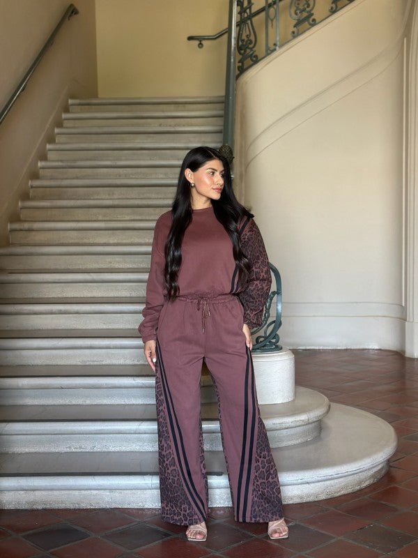 Leopard Print & Solid Stripes Contrast Loungewear - Blu Lotus Boutique