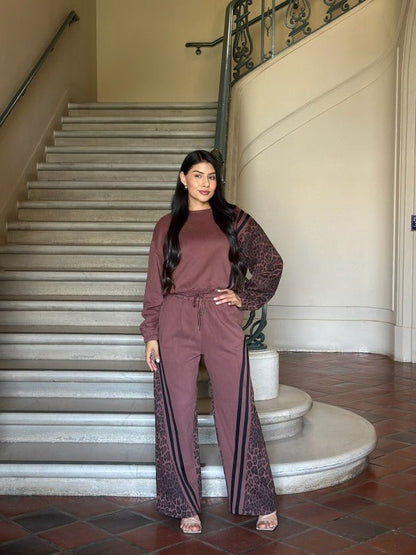 Leopard Print & Solid Stripes Contrast Loungewear - Blu Lotus Boutique