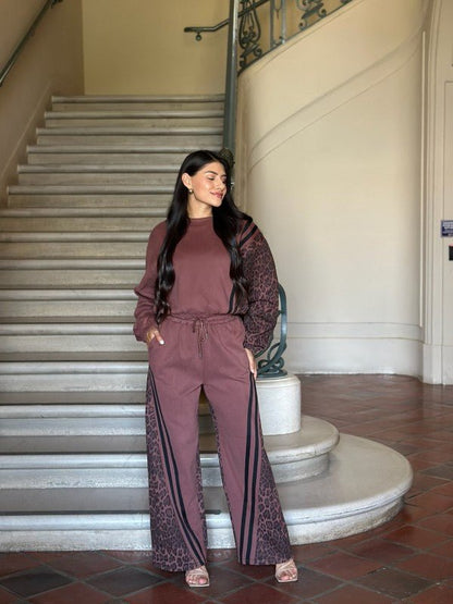 Leopard Print & Solid Stripes Contrast Loungewear - Blu Lotus Boutique