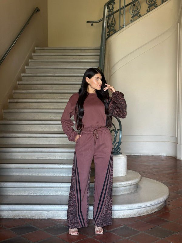 Leopard Print & Solid Stripes Contrast Loungewear - Blu Lotus Boutique