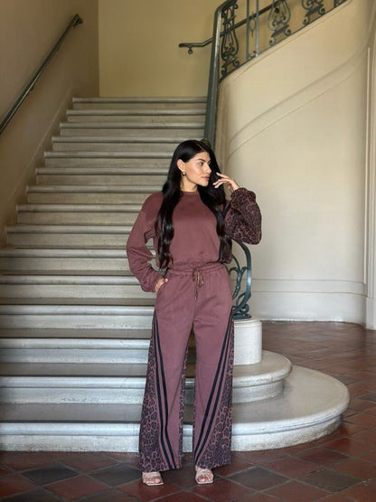 Leopard Print & Solid Stripes Contrast Loungewear - Blu Lotus Boutique