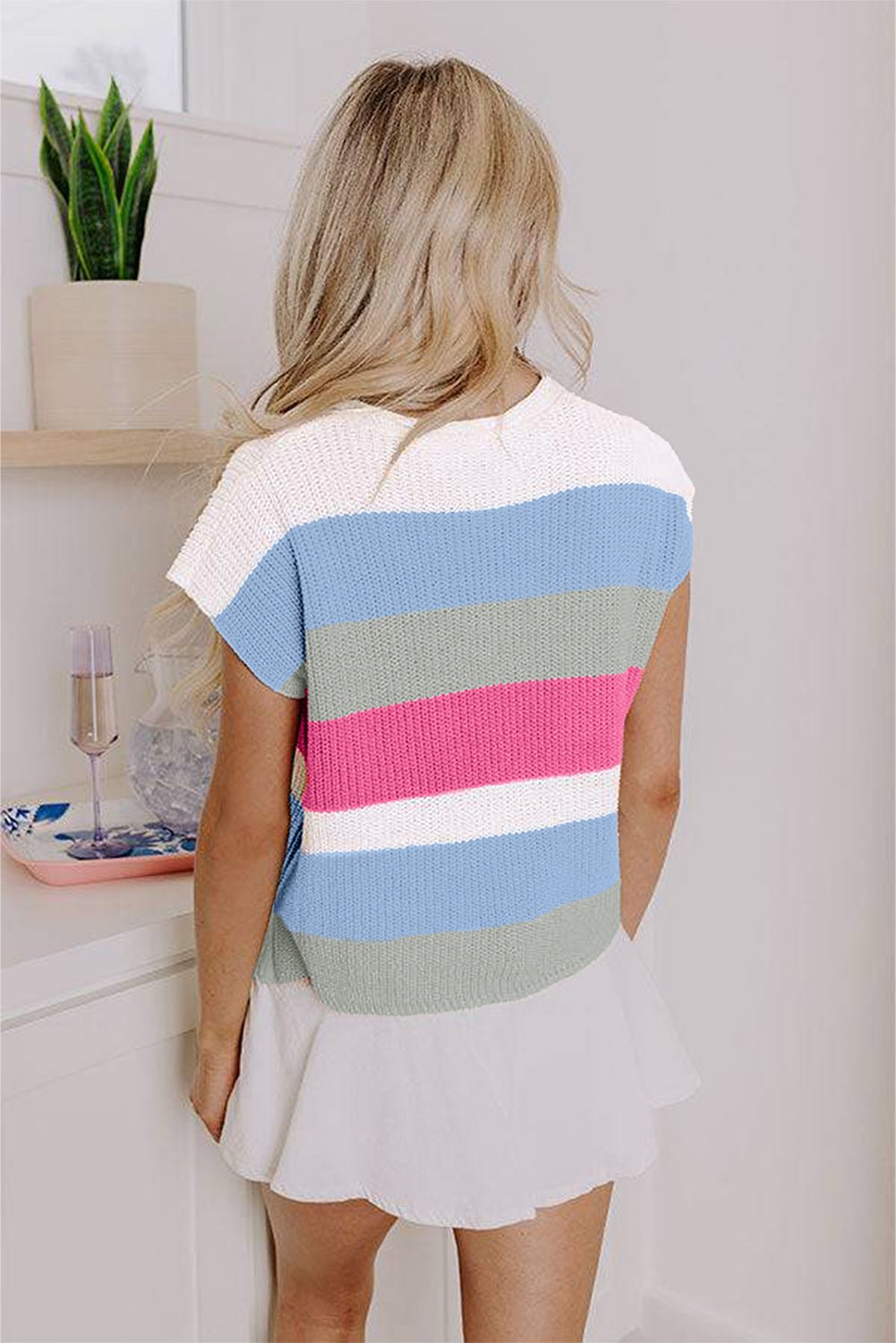 Light Blue Colorblock Notch V Neck Knit T Shirt - Blu Lotus Boutique