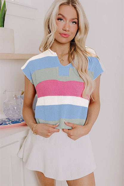 Light Blue Colorblock Notch V Neck Knit T Shirt - Blu Lotus Boutique
