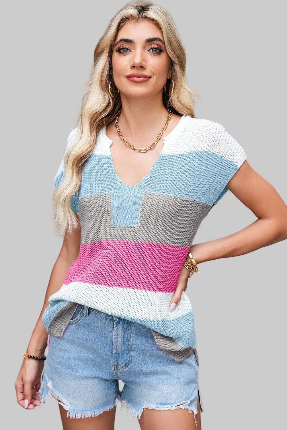 Light Blue Colorblock Notch V Neck Knit T Shirt - Blu Lotus Boutique