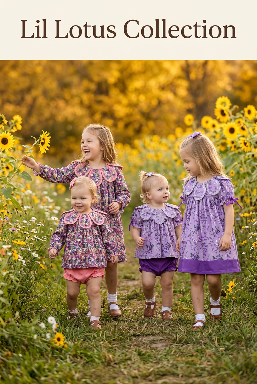 Lil Lotus Collection portrait fall banner with children playing among blossoms and sunflowers