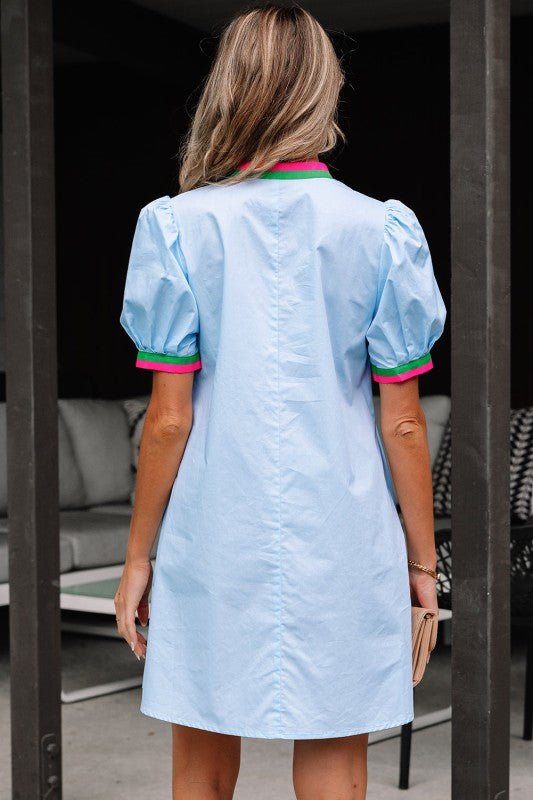Lily Striped Notched V Neck Puff Sleeve Mini Dress - Blu Lotus Boutique