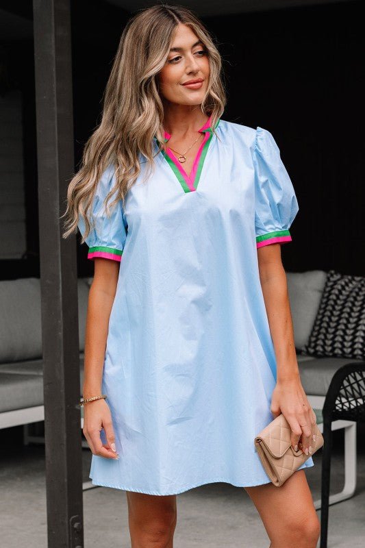 Lily Striped Notched V Neck Puff Sleeve Mini Dress - Blu Lotus Boutique
