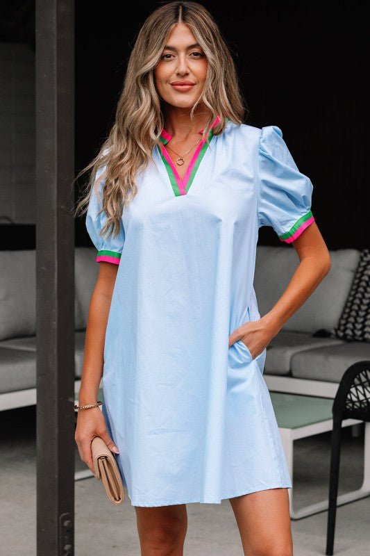 Lily Striped Notched V Neck Puff Sleeve Mini Dress - Blu Lotus Boutique