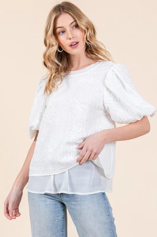 Lime 'N' Chili Floral Textured Puff Sleeve Top - Blu Lotus Boutique