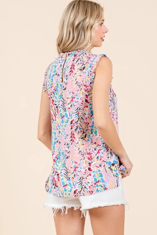 Lime 'N' Chili Full Size Graphic Print Ruffle Trim Mock Neck Sleeveless Top Plus Size - Blu Lotus Boutique