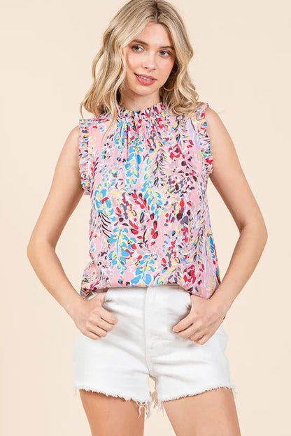 Lime 'N' Chili Full Size Graphic Print Ruffle Trim Mock Neck Sleeveless Top Plus Size - Blu Lotus Boutique