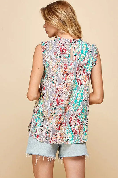 Lime 'N' Chili Full Size Graphic Print Ruffle Trim Mock Neck Sleeveless Top Plus Size - Blu Lotus Boutique