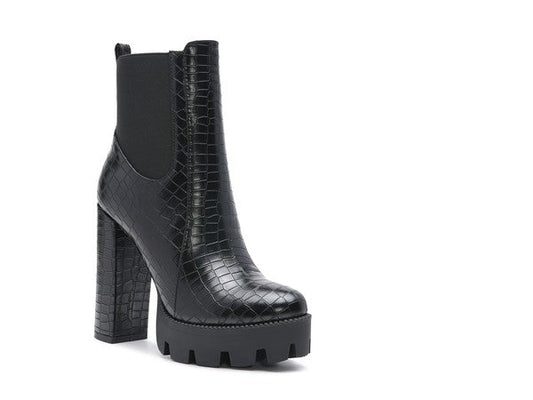 LONDON RAG BEATRIZ CROC PRINT BLOCK HEEL BOOTS - Blu Lotus Boutique