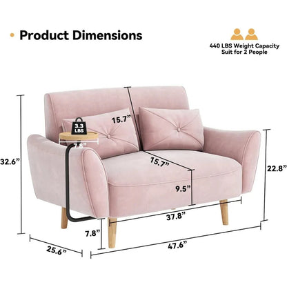 Loveseat Sofa, 47" Velvet Couch for Bedroom, Convertible Wooden Tray & Ergonomic Armrest, for Small Space, Apartment - Blu Lotus Boutique