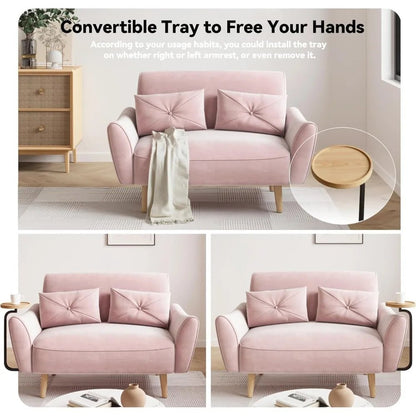 Loveseat Sofa, 47" Velvet Couch for Bedroom, Convertible Wooden Tray & Ergonomic Armrest, for Small Space, Apartment - Blu Lotus Boutique