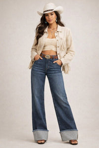 Low Rise Cuffed Wide Leg Jean - Blu Lotus Boutique