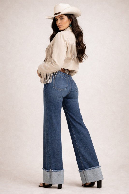Low Rise Cuffed Wide Leg Jean - Blu Lotus Boutique