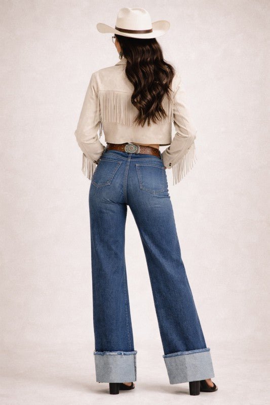 Low Rise Cuffed Wide Leg Jean - Blu Lotus Boutique