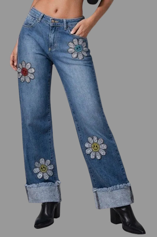 Low Rise Rhinestone Daisy Jean - Blu Lotus Boutique