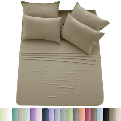 Lux Décor 6pc Solid Sheet Set - Brushed Microfiber Bed Sheets 16 Inches Deep Pockets - Embroidered & Plain Pillowcases - Blu Lotus Boutique