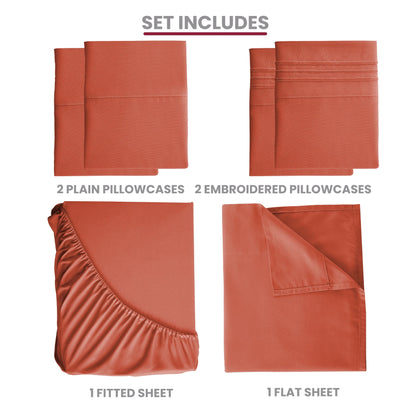 Lux Décor 6pc Solid Sheet Set - Brushed Microfiber Bed Sheets 16 Inches Deep Pockets - Embroidered & Plain Pillowcases - Blu Lotus Boutique