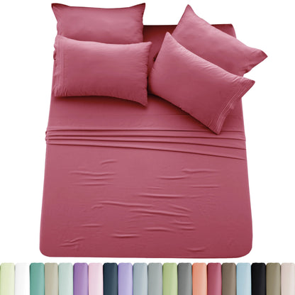 Lux Décor 6pc Solid Sheet Set - Brushed Microfiber Bed Sheets 16 Inches Deep Pockets - Embroidered & Plain Pillowcases - Blu Lotus Boutique