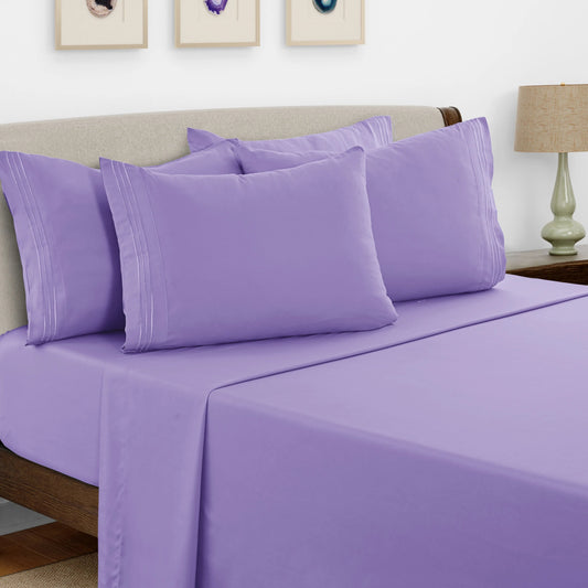 Lux Décor 6pc Solid Sheet Set - Brushed Microfiber Bed Sheets 16 Inches Deep Pockets - Embroidered & Plain Pillowcases - Blu Lotus Boutique