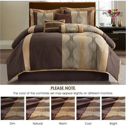Luxury 7 - Piece Brown Jacquard Comforter Set with Solid Piecework and Bed Accessories - Blu Lotus Boutique