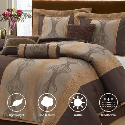 Luxury 7 - Piece Brown Jacquard Comforter Set with Solid Piecework and Bed Accessories - Blu Lotus Boutique