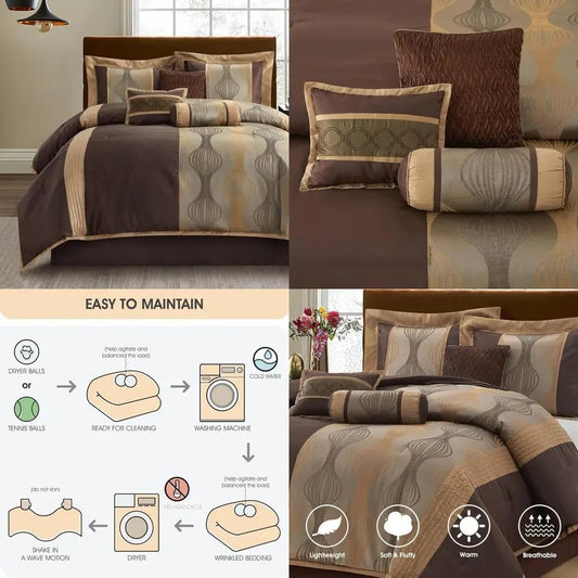 Luxury 7 - Piece Brown Jacquard Comforter Set with Solid Piecework and Bed Accessories - Blu Lotus Boutique