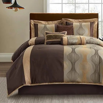 Luxury 7 - Piece Brown Jacquard Comforter Set with Solid Piecework and Bed Accessories - Blu Lotus Boutique