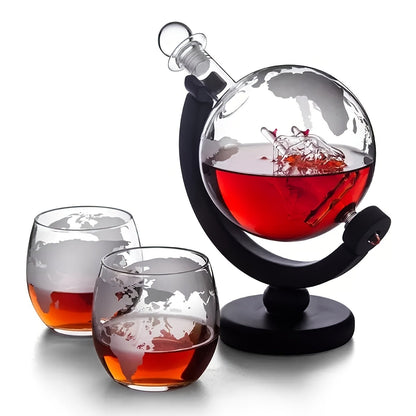 Luxury Globe Bar Set Whiskey Vodka 2 Cups Wood Frame - Blu Lotus Boutique