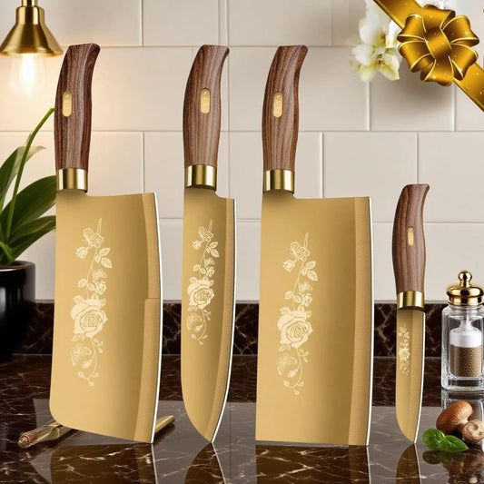 Luxury Gold Kitchen Knife Set - 4 - Piece Stainless Steel Blades with Titanium Plating. Ergonomic Handles. High - Performance Knives - Blu Lotus Boutique