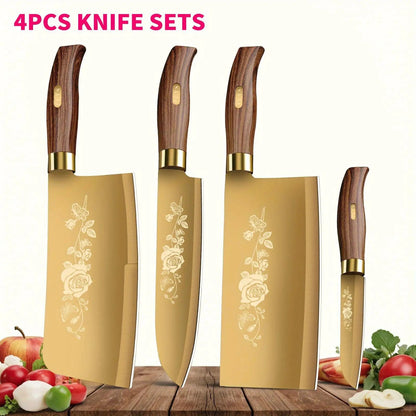 Luxury Gold Kitchen Knife Set - 4 - Piece Stainless Steel Blades with Titanium Plating. Ergonomic Handles. High - Performance Knives - Blu Lotus Boutique