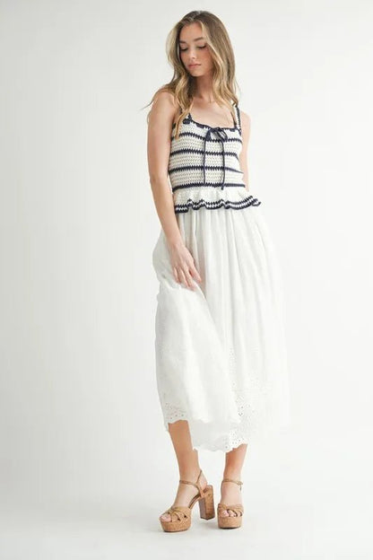 MABLE Crochet Stripe Knit Eyelet Mix Midi Dress - Blu Lotus Boutique