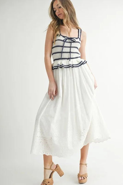 MABLE Crochet Stripe Knit Eyelet Mix Midi Dress - Blu Lotus Boutique