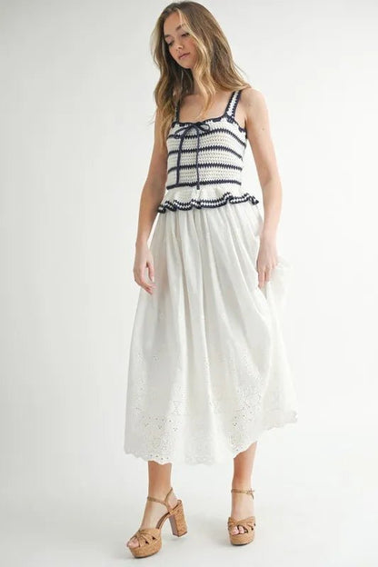 MABLE Crochet Stripe Knit Eyelet Mix Midi Dress - Blu Lotus Boutique
