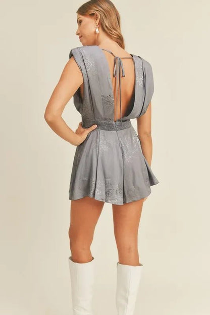 MABLE Draped Romper with Pleated Shoulder Pad Detail - Blu Lotus Boutique