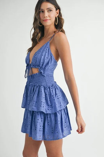 MABLE Lace Eyelet Ruffle Mini Dress With Front Cutout - Blu Lotus Boutique