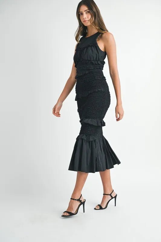 MABLE Ruffled Popcorn Smocked Mermaid Midi Dress - Blu Lotus Boutique
