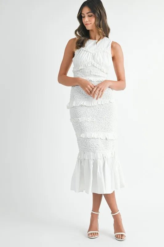 MABLE Ruffled Popcorn Smocked Mermaid Midi Dress - Blu Lotus Boutique