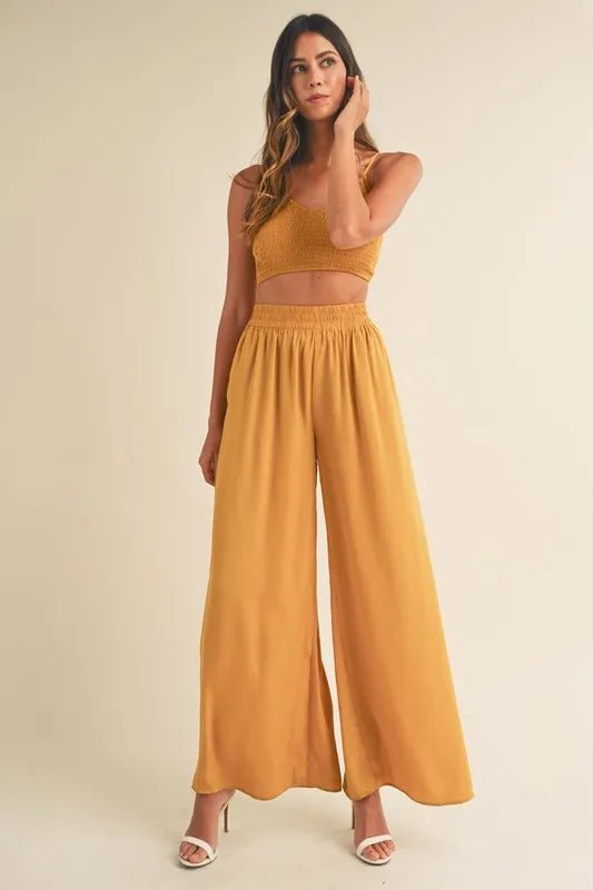 MABLE Smocked Bralette Crop Top and Wide Leg Pants Set - Blu Lotus Boutique