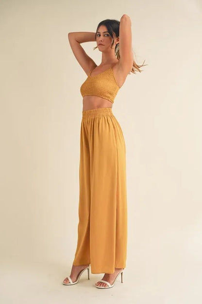 MABLE Smocked Bralette Crop Top and Wide Leg Pants Set - Blu Lotus Boutique