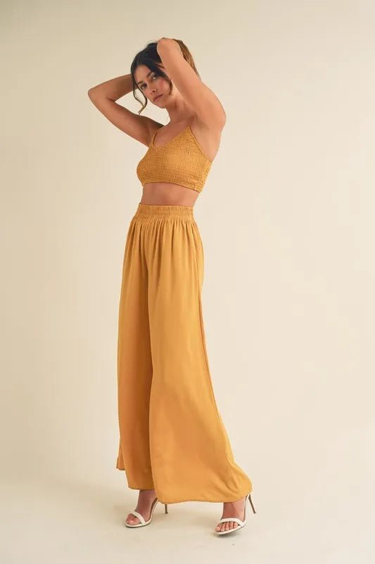 MABLE Smocked Bralette Crop Top and Wide Leg Pants Set - Blu Lotus Boutique