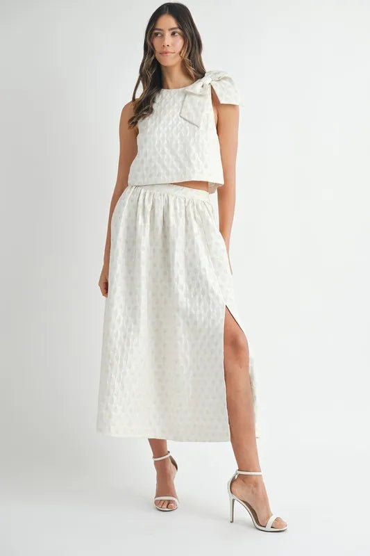MABLE Taffeta Polka Dot Shoulder Ribbon Top and Skirt Set - Blu Lotus Boutique