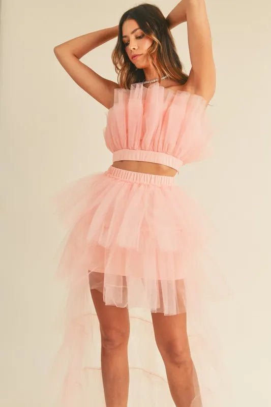 MABLE Tulle Tube Ruffle Crop Top and High Low Maxi Skirt Set - Blu Lotus Boutique